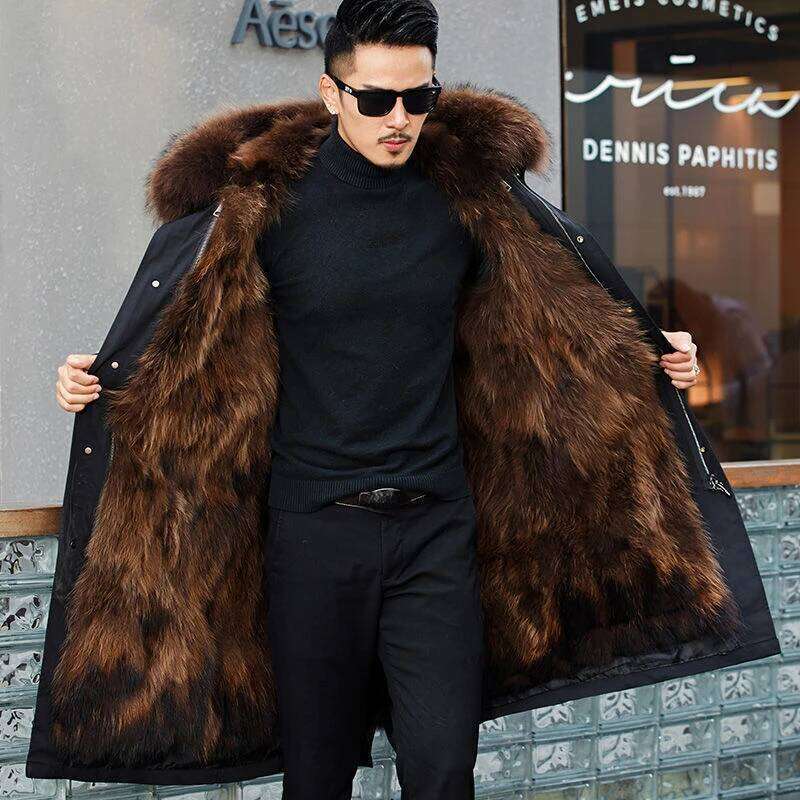 Faux Coat Loose OverCoat Thick Warm Men Plush Coats Fox Hair Inner Liner Detachable Collar Long Parkas Fur Jacket Z260313