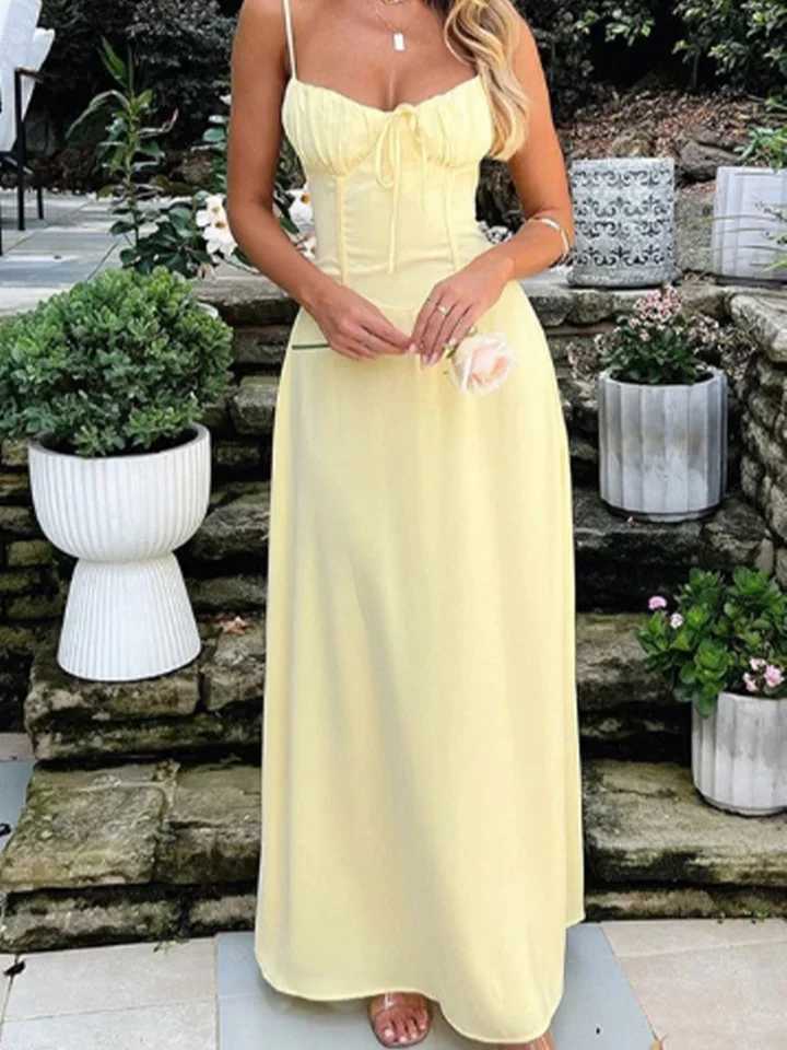 V-neck Sleeveless Camisole Solid Color Lace Up Womens Dress Fashionable Street Vacation Elegant Style Summer DressesT260314