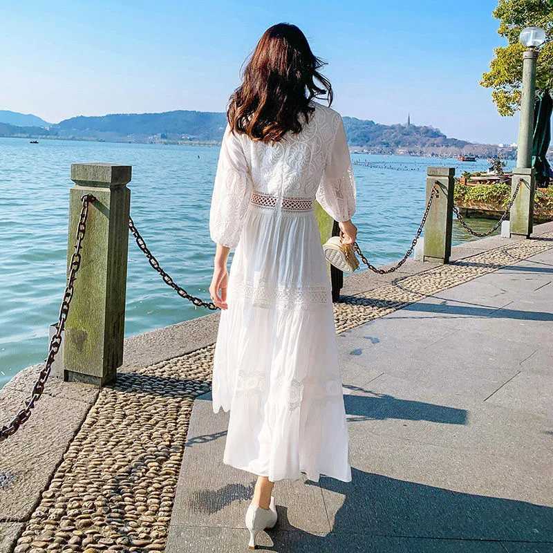 Boho Dress Women Fashion Spring/Summer White Sweet French Bubble Sleeve Beach Long DressT260316