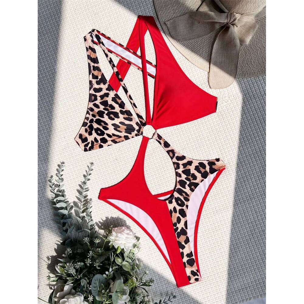 Red Leopard Bikini Patchwork Hollow Out Bandage Monokini Sexy Backless Swimsuit Women Swimwear Brazilian Beach Wear Bathing Suit Y260303