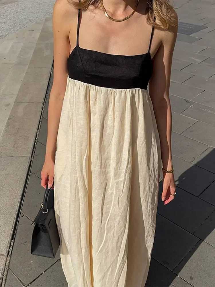 Contrast Splicing Loose Sling Long Dresses Women Square Collar Sleeveless Backless High Waist Dress 2024 Summer Lady Street RobeT260314