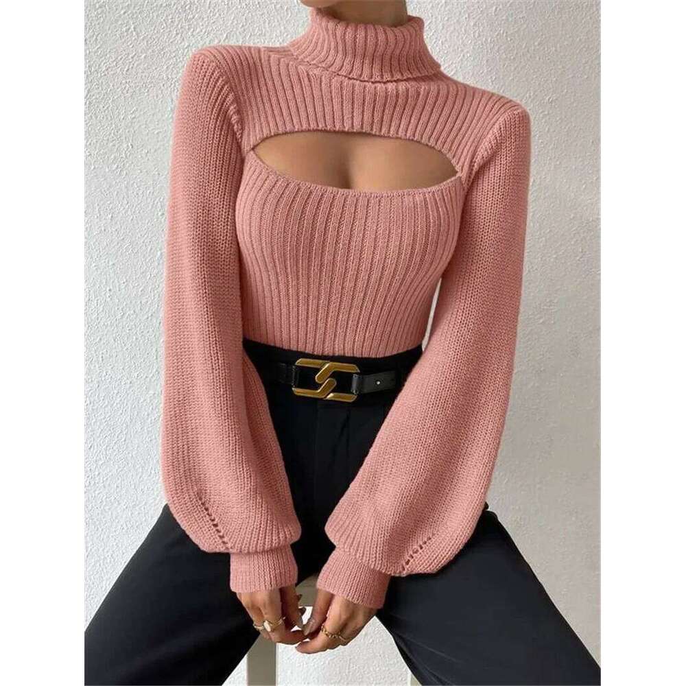 Autumn Women's Turtleneck Design Hollow Solid Color Long Sleeve Warm Pit Strip Fashion Winter Pullover Female Sweater Z260313