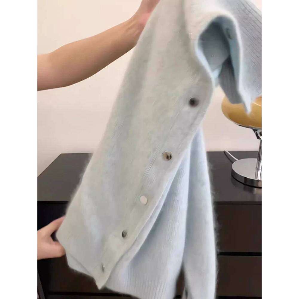 Women New Turn-down Blue Sweater Single Row Concealed Buckle Style Autumn Winter Soft Solid High Collar Knitted Cardigan Z260313