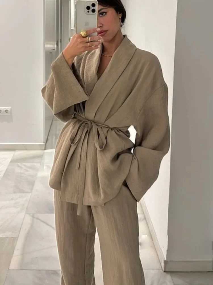 PRINTKAOIR Womens Kimono Style Solid Suit Long Sleeve 2-Piece Set with Deep V Lapel And Pants Casual Outerwear for Fall 2025 M260313