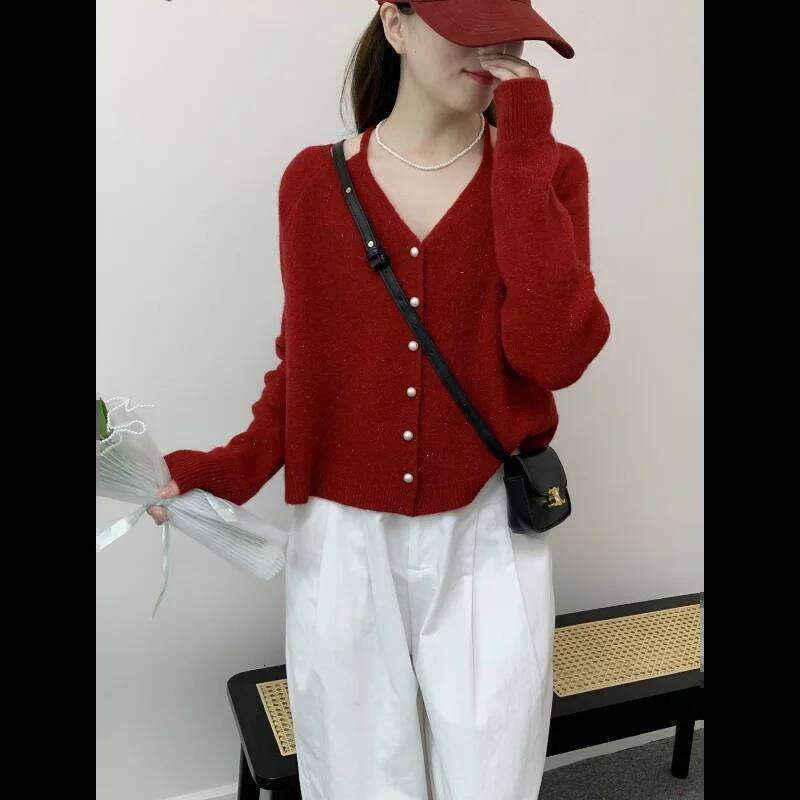 V-neck Knitted Cardigan Women's Autumn and Winter Solid Color Long-sleeved Fashion Top Z260313