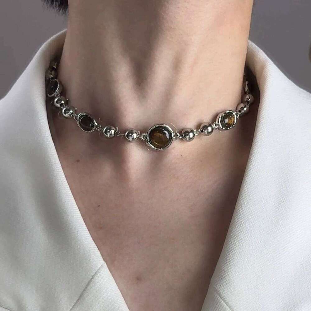 Fashion Brown Bead Vintage Beaded Necklace for Women Girls Clavicle Aesthetic Jewelry Sweater Chain Metal y2k Accessories H260312