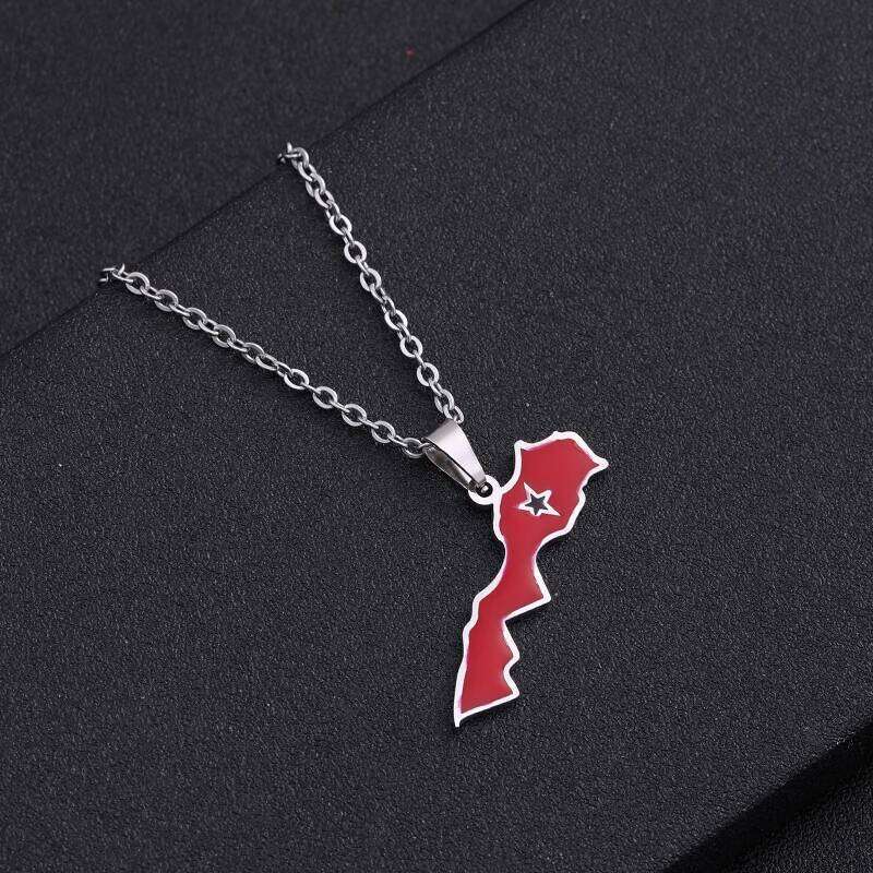 Kingdom of Morocco Map Pendant Necklace Stainless Steel Men Women African Ethnic Jewelry Le Royaume Du Maroc National Flag H260312