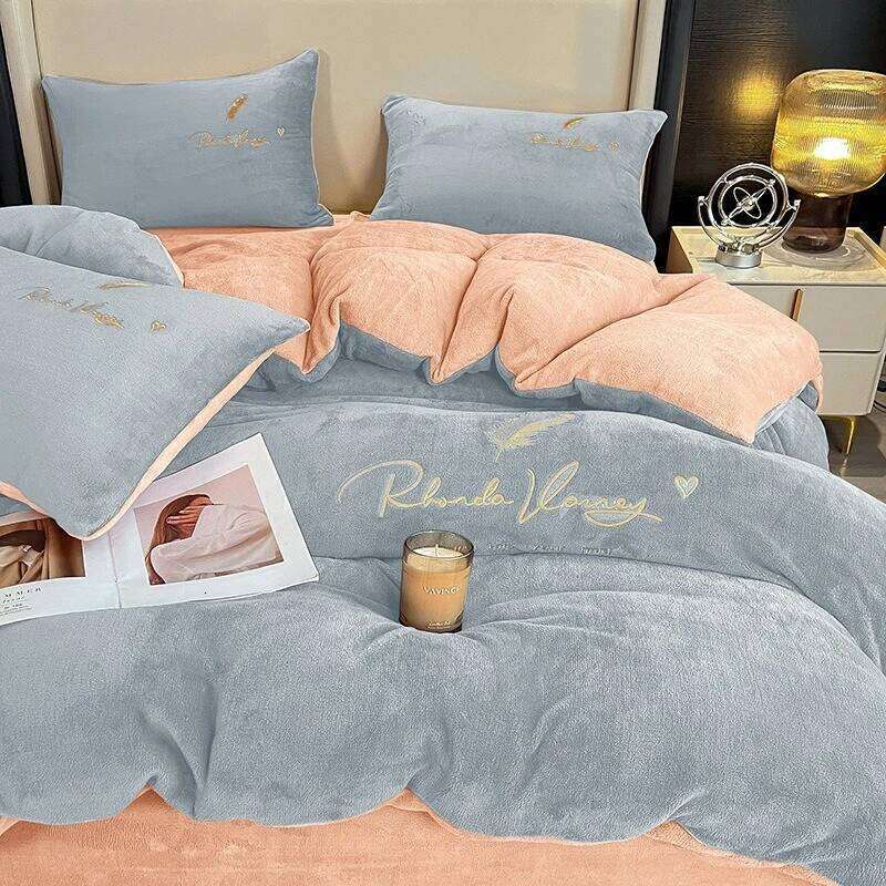 Coral milk four-piece set winter sheet thickened single cover dormitory crystal velvet embroidered bed H260312 - view 5