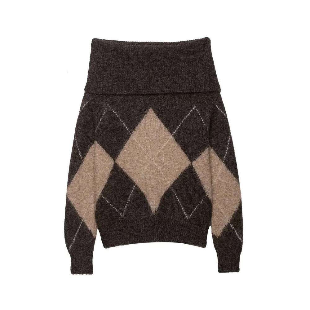 Autumn Women's Sweater Off Shoulder Fashion Argyle Womens Sweaters Temperament Slash Neck Knitted Pullovers Clothing Z260313