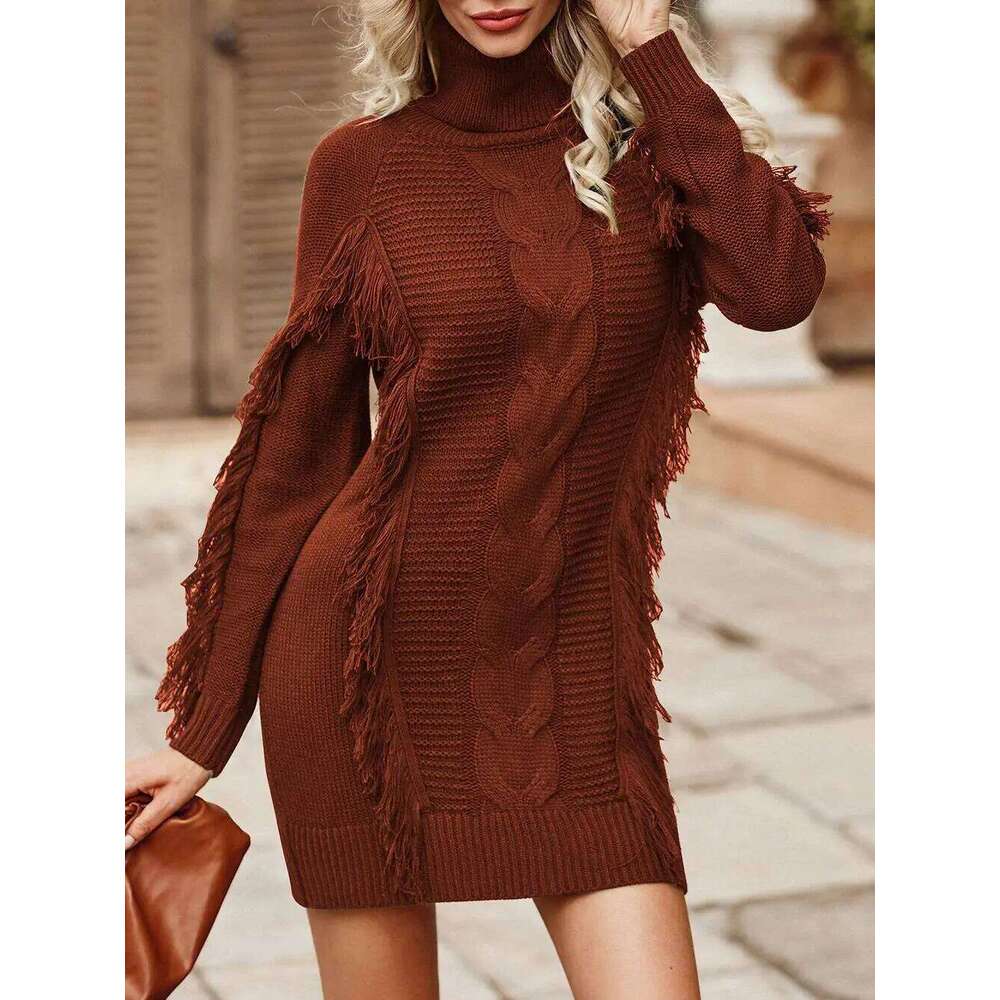 Thickened Warm Women's Autumn Winter Fashion Elegant High Collar Long Sleeve Knitted Dress Solid Color Pullover Z260313