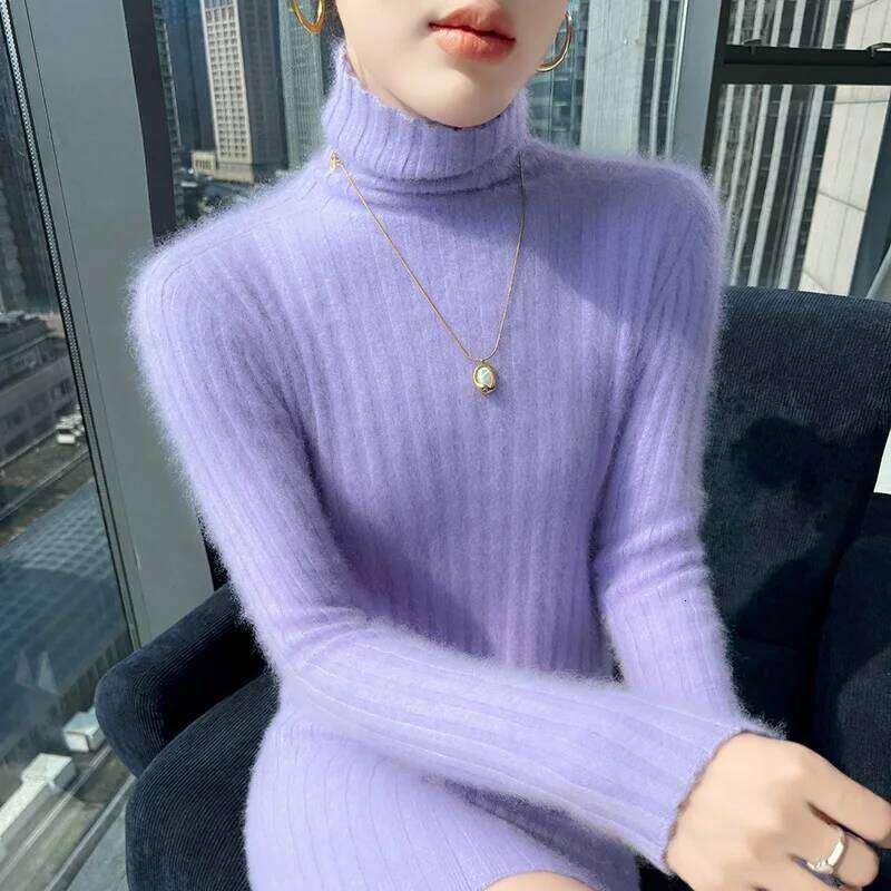 100% Pure Mink Cashmere knitted Dress Women's High-Neck Slim Medium-length Skirts Fashion Sprout Joker High Waist Hip Skirt 2025 Z260313