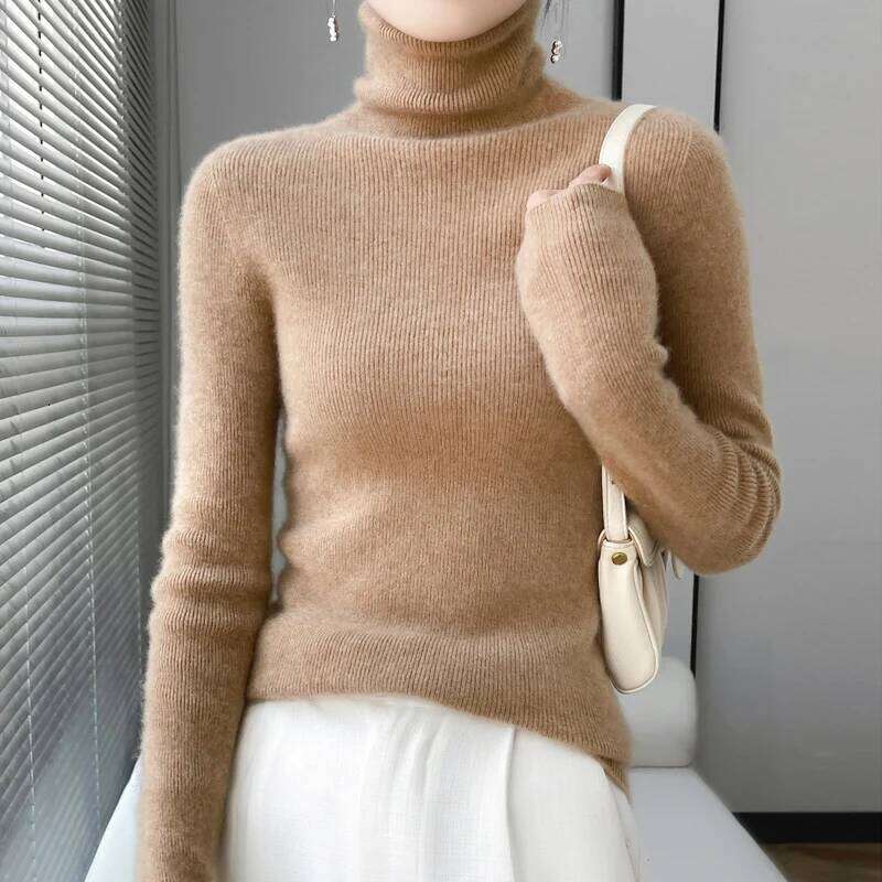 100% Merino Wool Long-sleeved Turtleneck Pullover Autumn Winter Slim Basic Women's Clothes Cashmere Sweater Z260313
