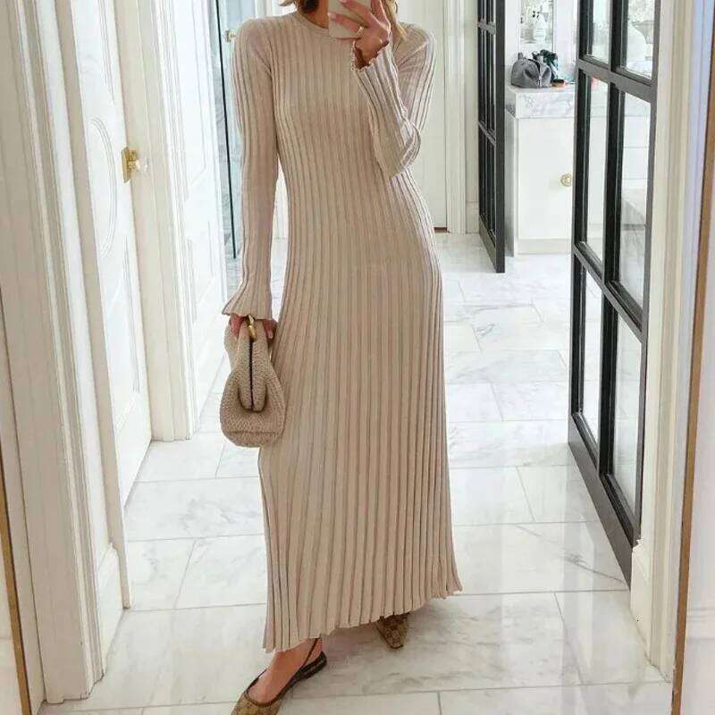 Women Elegant Solid Pleated Knitted Maxi Dress Casual Round Neck Long Sleeve Lace Up Dresses Autumn Lady High Street Robes Z260313