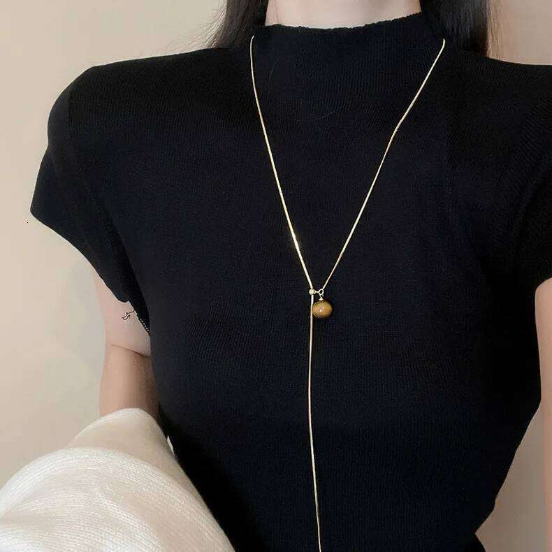 Maillard Tiger Eye Stone Tassel Necklace for Women, Autumn and Winter Vintage Style Fashion Chain, Niche Design Sweater Chain H260312