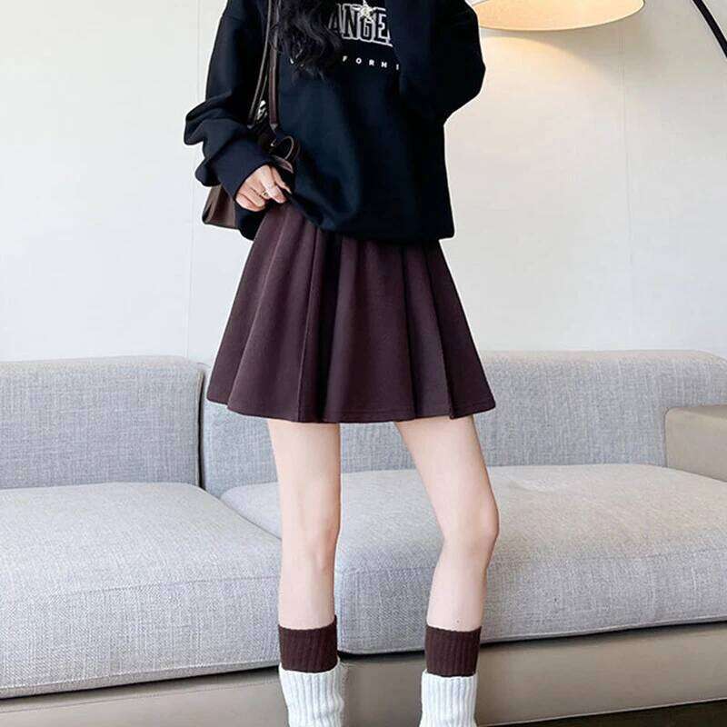 Women Elastic Waist Short Pleated Autumn Winter Solid Color Warm Woolen A-Line Skirts Korean Simple Mini Skirt for Woman Z260314