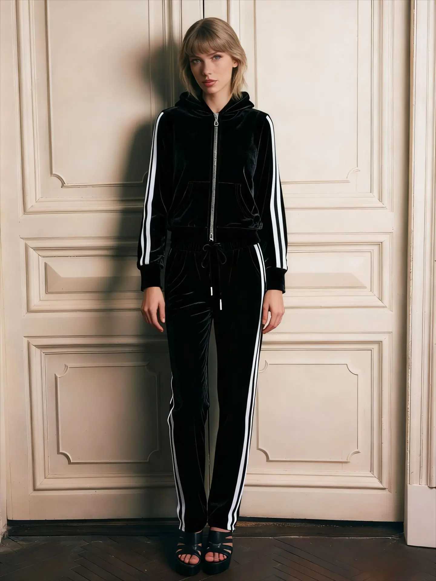 Velvet Tracksuit Women Two Piece Pants Set Sportswear 2025 Spring Fall Casual Zipper Hoodies JacketPants Jogging Suit M260313