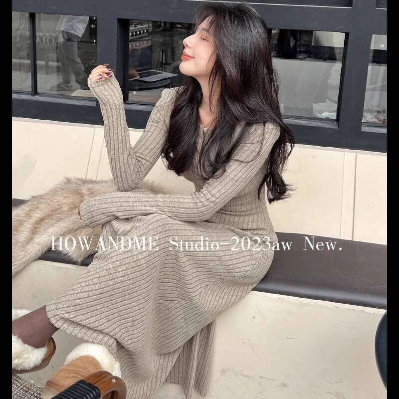 New Autumn Winter French Waist Mid-length Bottoming Skirt Long-sleeved Knitted Dress for Women Z260314