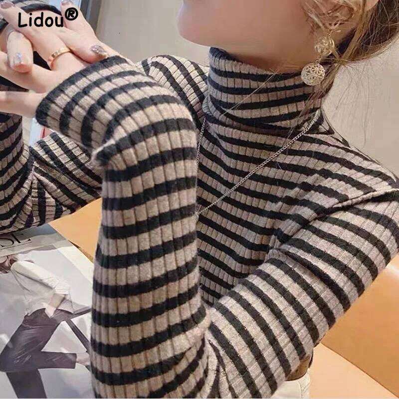 Autumn Winter Striped Turtleneck Knitted sweaters for women 2022 new long sleeve top Women sweater All-match bottoming shirt Z260314