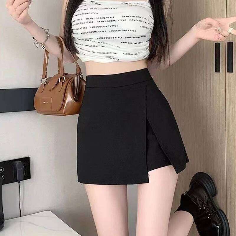 Black Side Split Mini Women Summer New Fashion High Waist A Line Vintage Casual Slim All Match Hip Wrap Shorts Skirt Z260314