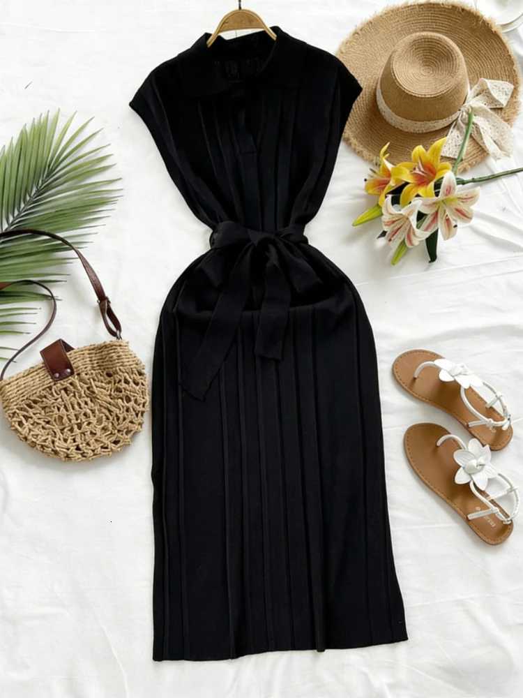 Avocado Green Sleeveless Turn-down Collar Maxi Dress Womens Belt Stretchy Ribbed Knit Asymmetrical Hem Summer Office Long DressT260314