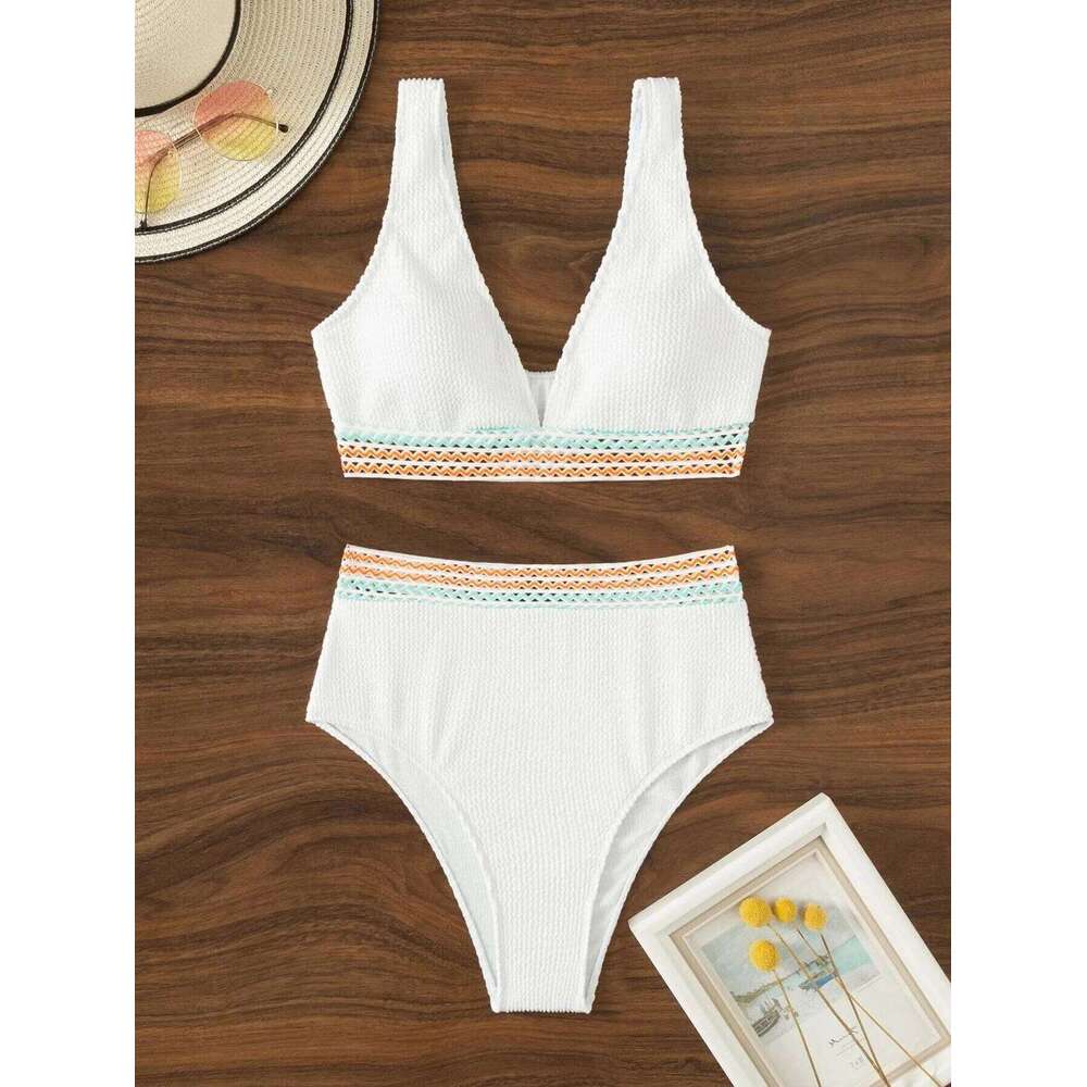 2025 Sexy Strape Tape Swimsuit Women Solid High Waist Bikini Set V-neck Swimwear Female Padded Bathing Suit Swimming Beachwear Y260303