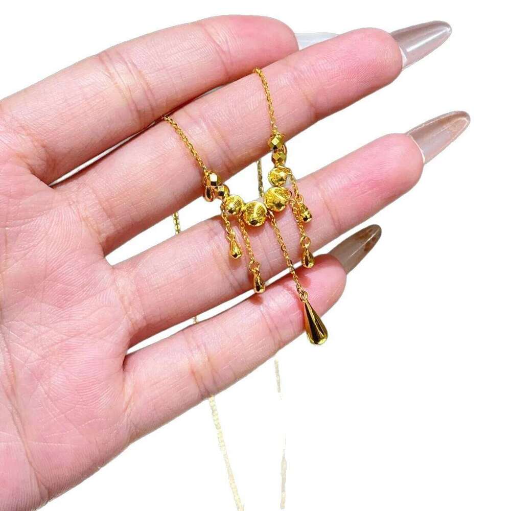 Golden Waterdrop Cat's Eye Tassel Necklace Women's Simple Versatile Sparkling Dancing Beads Lightweight Fashion Jewelry H260312