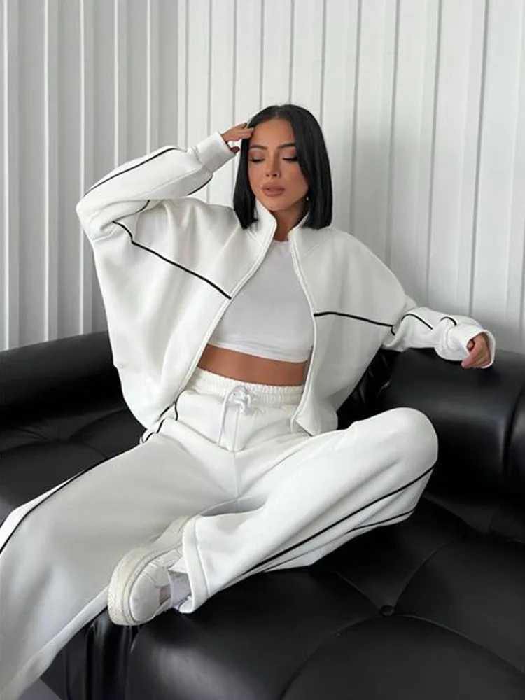 New 2 Piece Sets Women Outfit Casual Pant Set Sportswear Long Sleeve Cardigan Lace Up Clothing Two Piece Suits Zipper Sweatshirt M260313
