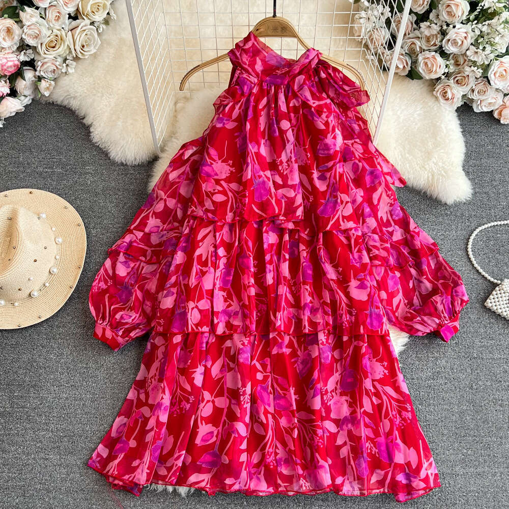 Designer Women's French Tea Break Seaside Vacation c10 Beach Skirt Sweet Backless Collar Off Shoulder Loose A-line Chiffon Dress