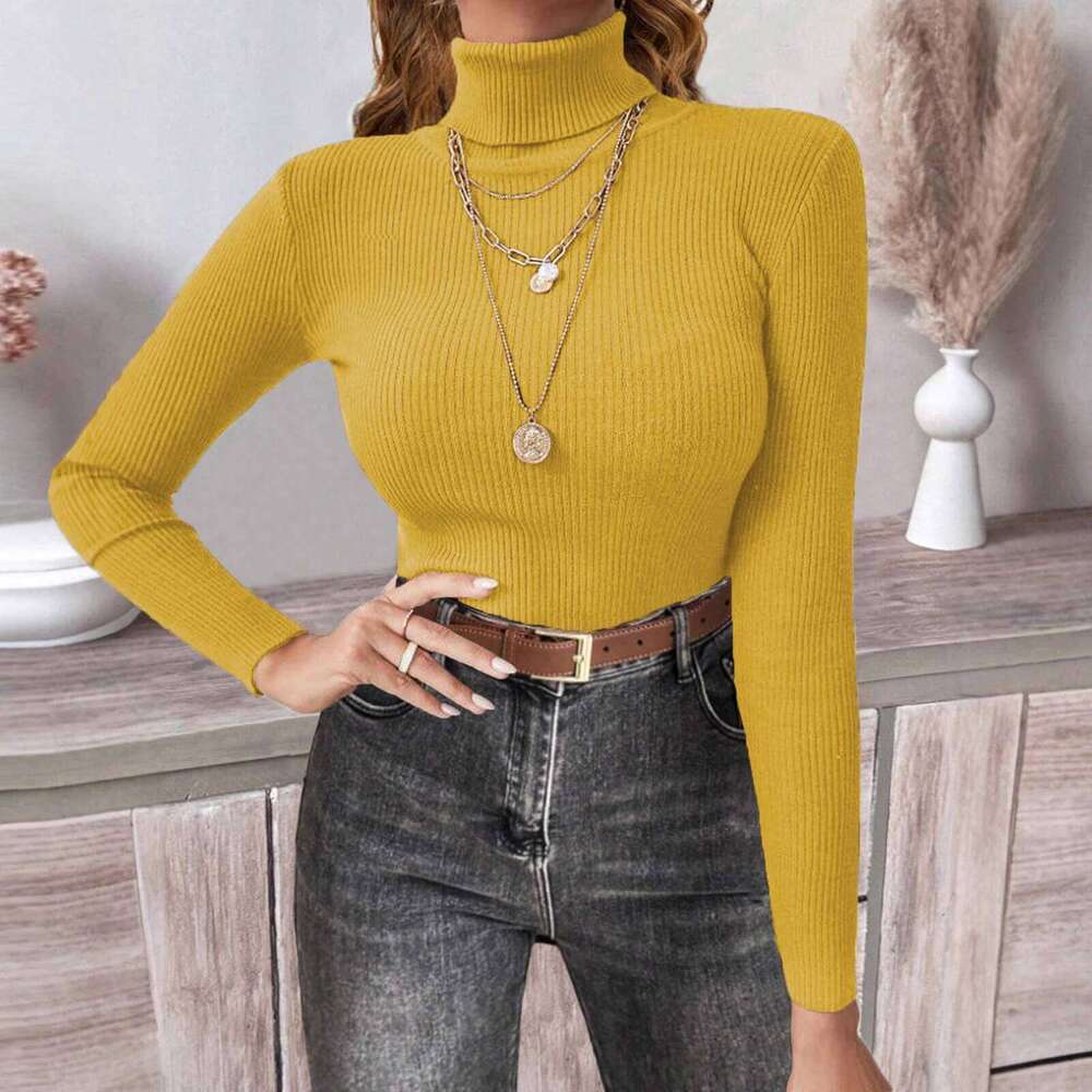 Solid Color Knitted High Necked Pullover Sweater Winter Women'S Warm Base Shirt Tight-Fitting Top Z260313