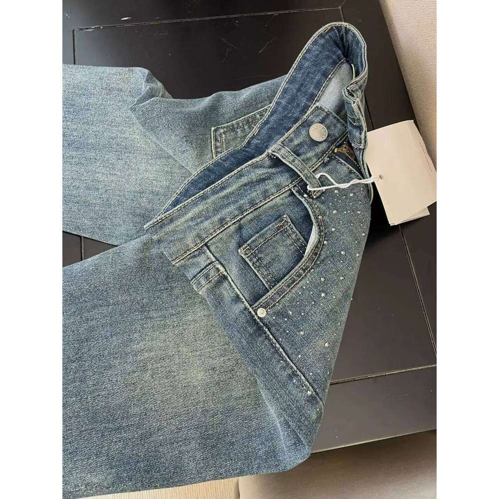 Retro Washed -encrusted Jeans Women's Spring Design Sense High-waisted Straight-leg Loose Wide-leg Mopping Pants Z260313