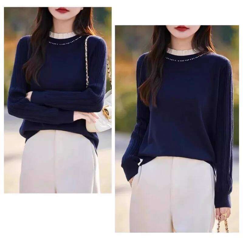 Solid Color Pullover Women's Beaded Loose Fashionable Bottoming Knitted Sweater Autumn and Winter Top Z260313