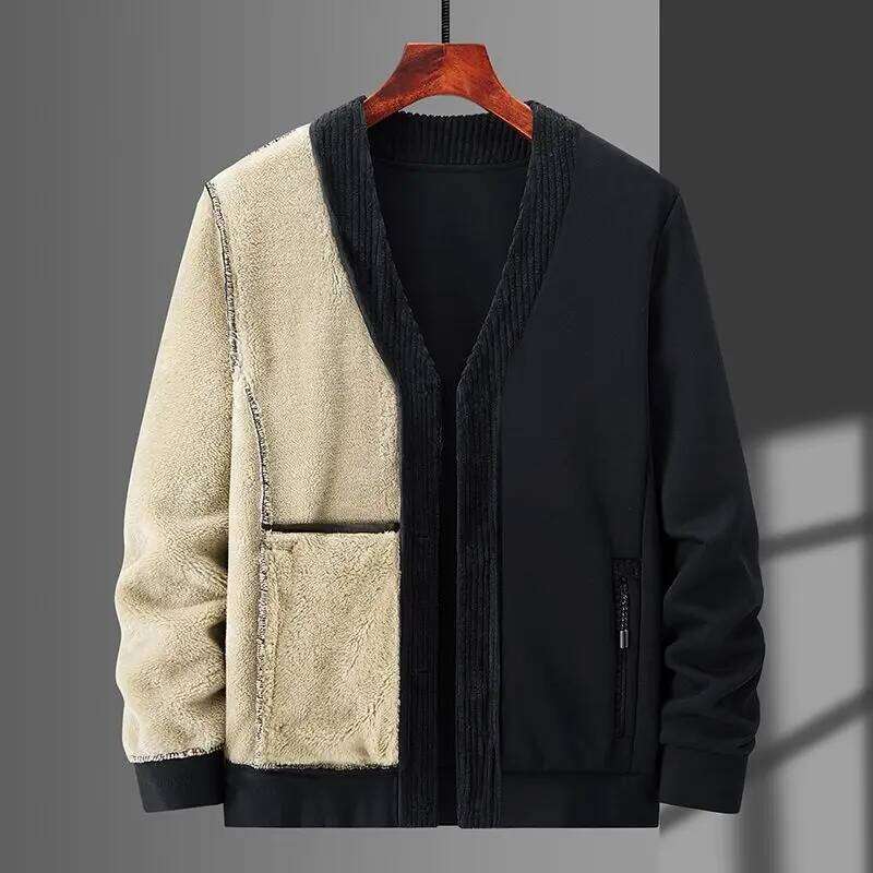 Autumn Winter New Men Lamb Wool Warm Plus Velvet Coat V-Neck Solid Button Pocket Zipper Fashion Casual Long Sleeve Cardigan Tops Z260313