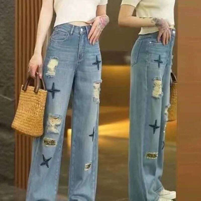 High-waisted Loose Ripped Wide-leg Denim 2025 Straight Spring and Summer New Thin Retro Slim Jeans Z260313