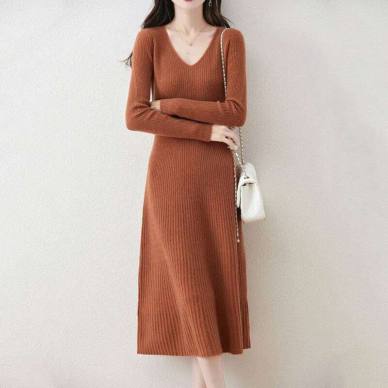 Solid Color Basic Sweater Dresses Women Casual All-Match V-Neck Sleeves Knitted Lady Soft Fit-Flare A-Line Long Dress Z260314