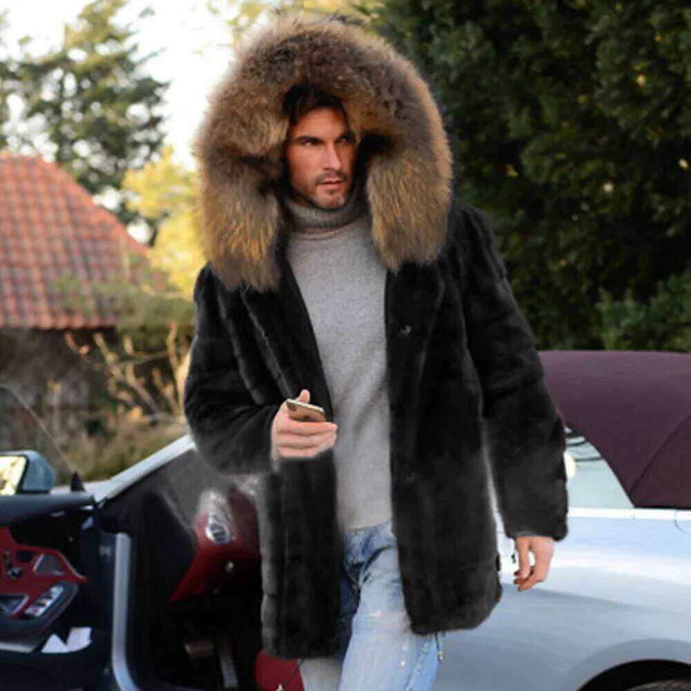 Mens Imitation Fox Coat Artificial Men's Warm Autumn Winter Cold Resistance Mid-Long Black Casual Faux Fur Z260313