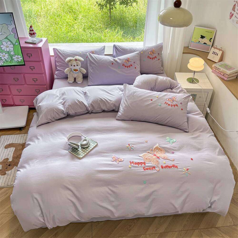 Double Sided Duvet Cartoon Embroidery Bedding Pillowcase Washed Cotton Printing Four-Pieces Set Quilt Cover Bed Sheet H260312 - view 3