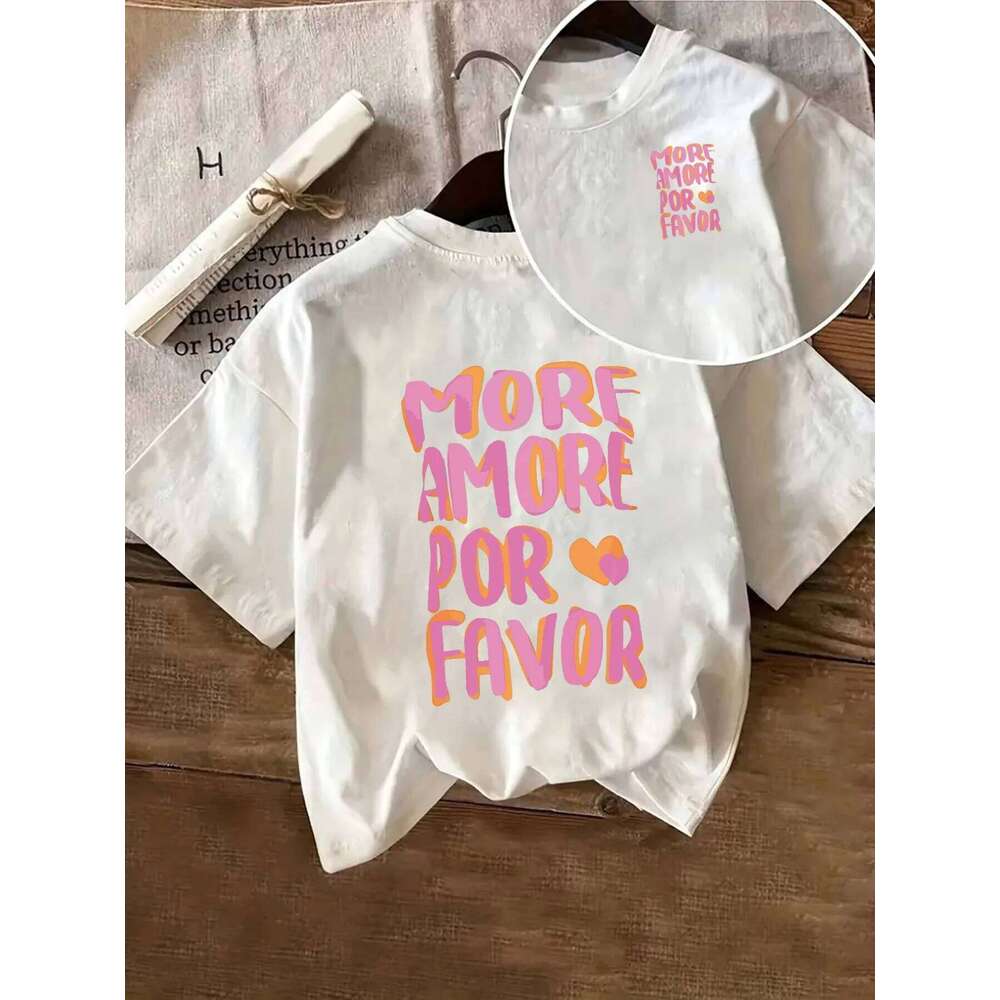 MORE AMORE POR FAVOR Women's Crew Neck T-Shirt Pink Print with Hearts Harajuku Short Sleeve Casual Z260314