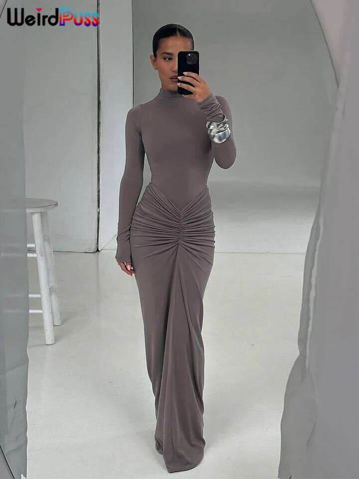 Weird Puss Hipster Ruched Dress Women o-NeckFull Sleeve Skinny Stretch Robe Autumn Trend Simple Classic Pleats Long Bodycon Z260314