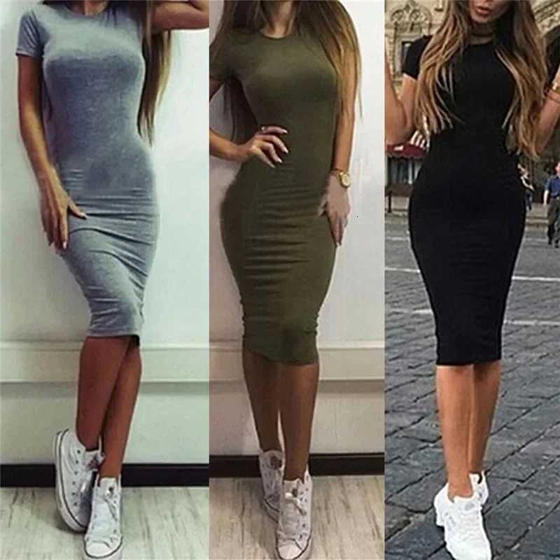 Summer Women Dresses Knee-Length Shinny Casual Short Sleeve Bandage Bodycon Sheath Dress VestidosT260316