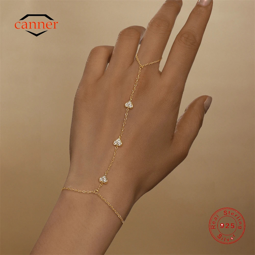 CANNER 925 Sterling Silver Heart Shape Petal CZ Sparking Zircon Bracelet Ring Chain For Women Minimalism Hand Chain Bracelets 260313