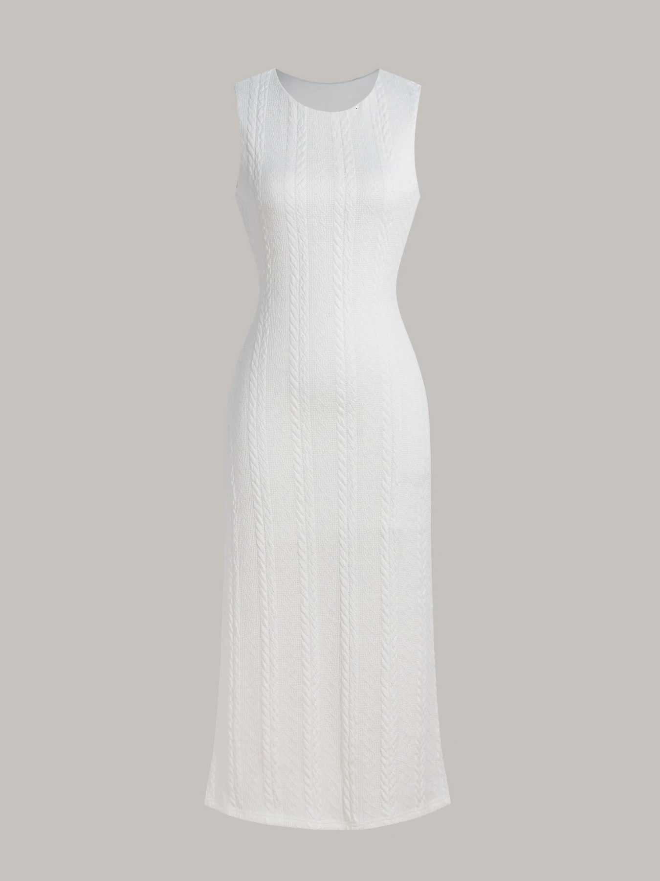 Maxi Dress Spring Summer Women White Sleeveless Textured Knit Bodycon Elegant Chic Romantic Date Party Vacation DressT260316