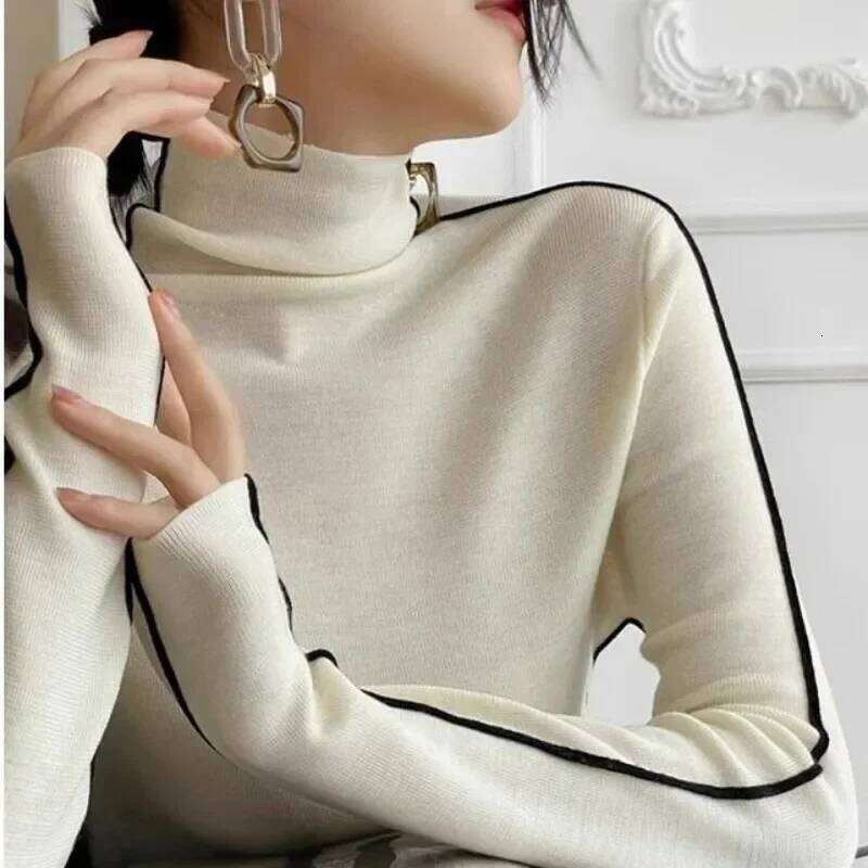 Fashion Turtleneck Pullovers Women 2023 New Autumn and Winter Slim Fit Long Sleeved Top Elegant Office Lady Sweaters Black White Z260313