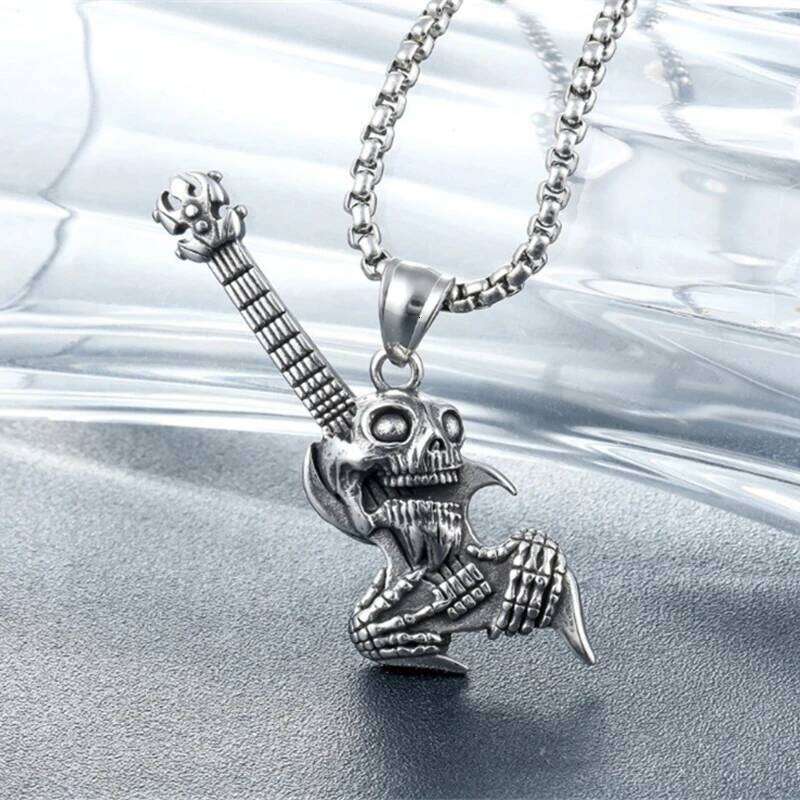 Hip Hop Rock Skeleton Men Guitar Instrument Pendant Necklace Retro Punk Silver Color Stainless Steel Chain Neck Jewelry Gifts H260312