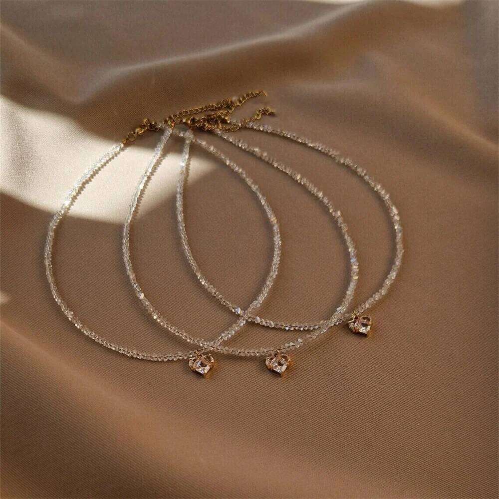 Vintage Geometric Transparent Crystal Chain Necklace for Women Female Fashion Boho Baroque Sexy Zircon Heart Pendant Jewelry H260312