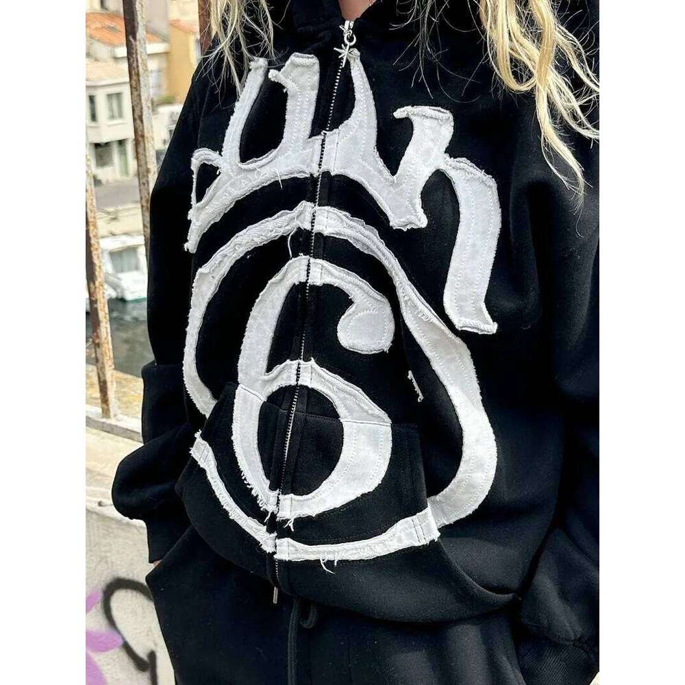 Y2K Clothing New Fashion Letter Embroidery Patch Zipper Hooded Sweater Men Gothic Harajuku Hip Hop Popular Casual Sweatshirt 26Y0313