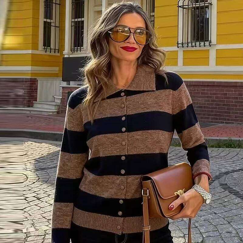 HXAO Striped Knit Cardigan For Women Autumn Spring 2026 Women's Sweater Elegant Cropped Long Sleeve Button Up Tops Cozy Sweaters Z260313