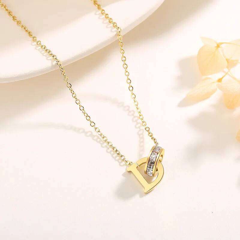 Personality Crystal Circle Stainless Steel Necklace Female Pendant Gold Color Letter D Choker Necklaces For Women Jewelry H260312