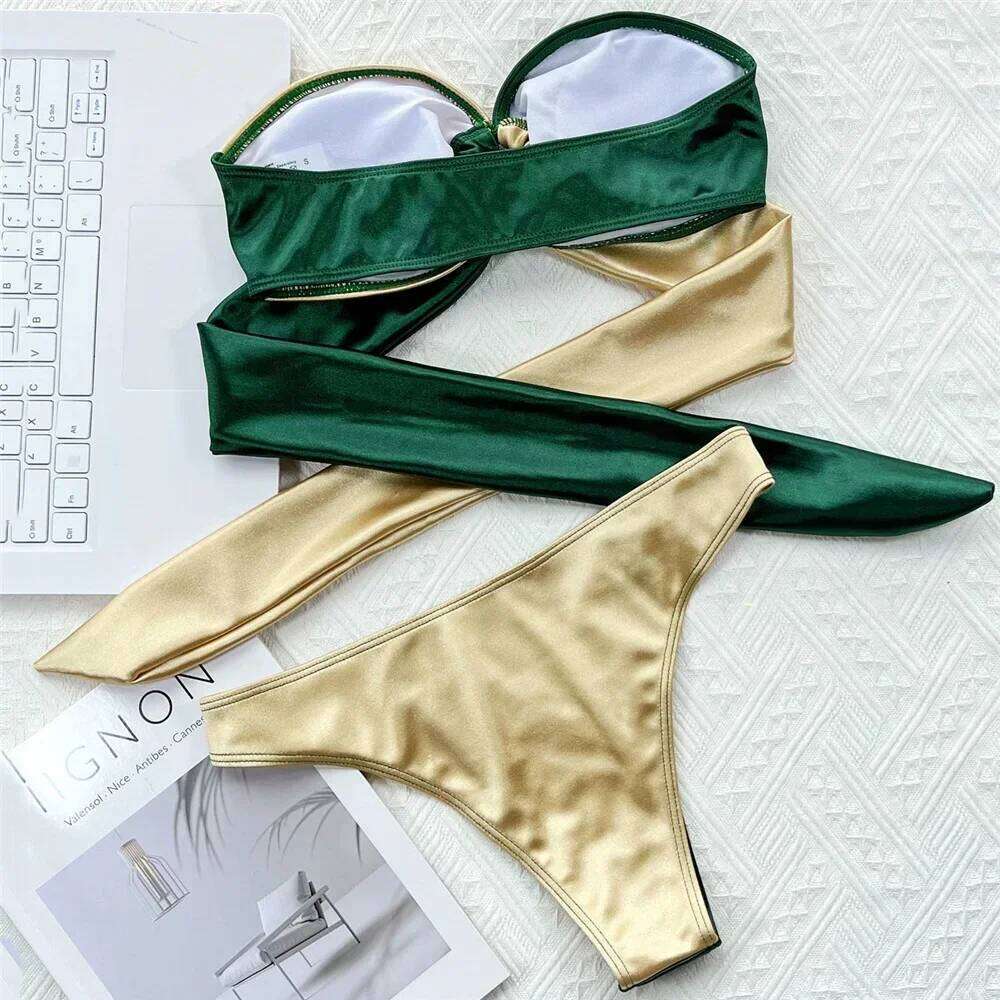 Splicing Strapless Bandeau Bikinis Set 2025 Mujer Swimsuit Women Swimwear Back Bow Bathing Suit Biquinis Swim Wear Beachwear Y260303