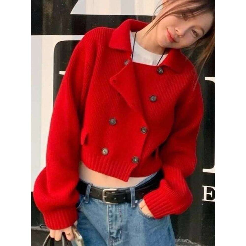 Double-Row Button Solid Color Turndown Collar Cardigan Women's Autumn Winter New Style Korean Outerwear Long Sleeve Warm Sweater Z260313