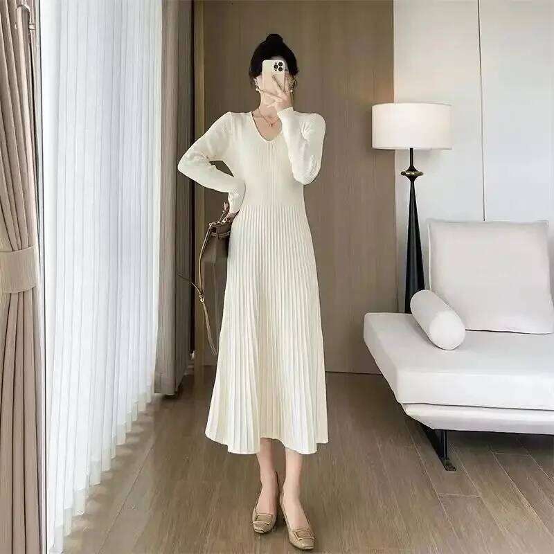 Knitted Dress with Coat Women in Autumn Winter Ladylike High-end Waist-cinching Long Skirt Z260314